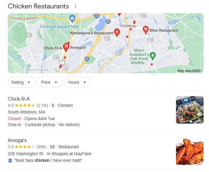 chicken restaurants in Google Search